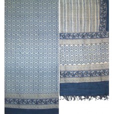 Moonga Silk Block Print Fabric & Dupatta Navy Blue Set